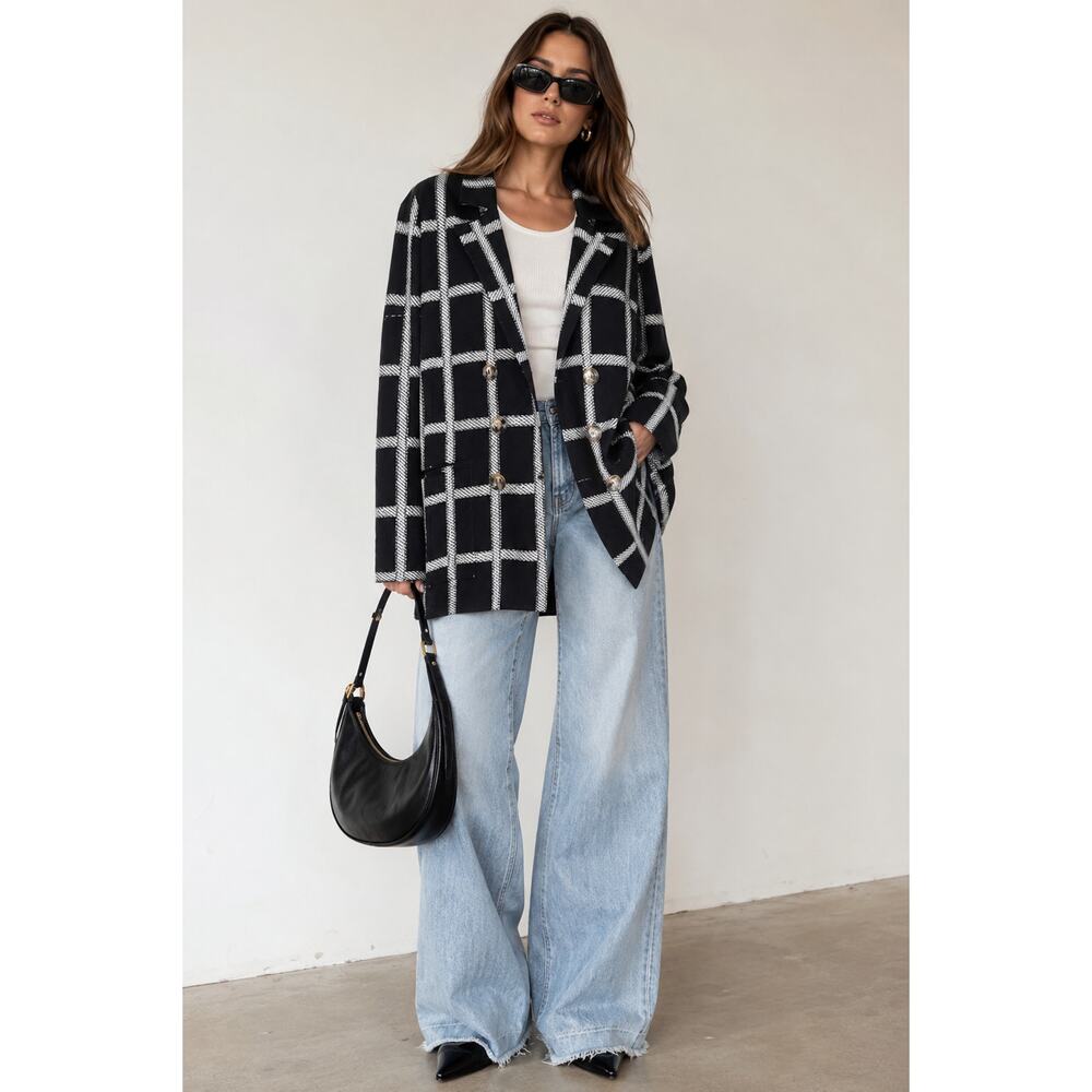 Women's Black and White Plaid Double Breasted Cardigan size M